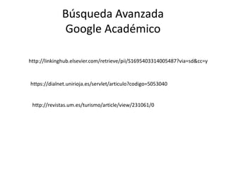 Búsqueda Avanzada
Google Académico
https://dialnet.unirioja.es/servlet/articulo?codigo=5053040
http://linkinghub.elsevier.com/retrieve/pii/S1695403314005487?via=sd&cc=y
http://revistas.um.es/turismo/article/view/231061/0
 