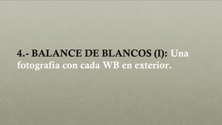 4.- BALANCE DE BLANCOS (I): Una
fotografía con cada WB en exterior.
 