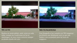 WB AUTO WB TUNGSTENO
Realiza un ajuste global, suele variar en cada
toma, aunque las condiciones de luz se
mantengan, da unos tonos correctos aunque
perdemos detalle del cielo.
Esta fotografía al ser tomada con Wb tungsteno
percibimos una dominante azul ya que este
balance esta aconsejado para las luces de
tungsteno.
 