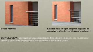 Zoom Máximo Recorte de la imagen original llegando al
encuadre realizado con el zoom máximo.
CONCLUSIÓN: la imagen obtenida recortando de la imagen sin zoom nos muestra mas
detalle y calidad de imagen que la realizado con el zoom al máximo.
 