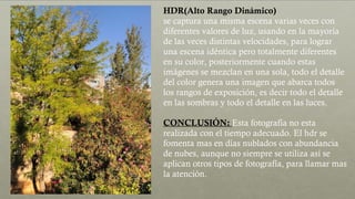 HDR(Alto Rango Dinámico)
se captura una misma escena varias veces con
diferentes valores de luz, usando en la mayoría
de las veces distintas velocidades, para lograr
una escena idéntica pero totalmente diferentes
en su color, posteriormente cuando estas
imágenes se mezclan en una sola, todo el detalle
del color genera una imagen que abarca todos
los rangos de exposición, es decir todo el detalle
en las sombras y todo el detalle en las luces.
CONCLUSIÓN: Esta fotografía no esta
realizada con el tiempo adecuado. El hdr se
fomenta mas en días nublados con abundancia
de nubes, aunque no siempre se utiliza así se
aplican otros tipos de fotografía, para llamar mas
la atención.
 