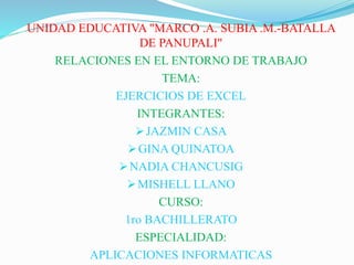 UNIDAD EDUCATIVA "MARCO .A. SUBIA .M.-BATALLA
DE PANUPALI"
RELACIONES EN EL ENTORNO DE TRABAJO
TEMA:
EJERCICIOS DE EXCEL
INTEGRANTES:
JAZMIN CASA
GINA QUINATOA
NADIA CHANCUSIG
MISHELL LLANO
CURSO:
1ro BACHILLERATO
ESPECIALIDAD:
APLICACIONES INFORMATICAS
 