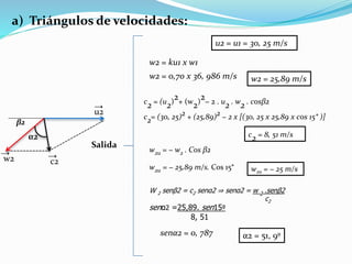 a) Triángulos de velocidades:
Salida
u2 = u1 = 30, 25 m/s
w2 = ku1 x w1
w2 = 0,70 x 36, 986 m/s w2 = 25,89 m/s
c
2 = (u
2)
2+ (w
2)
2− 2 . u
2 . w
2 . cosβ2
c2= (30, 25)2 + (25,89)2 − 2 x [(30, 25 x 25,89 x cos 15° )]
c
2 = 8, 51 m/s
w2u = − w2 . Cos β2
w2u = − 25,89 m/s. Cos 15° w2u = − 25 m/s
senα2 =25,89. sen15º
8, 51
senα2 = 0, 787
W 2 senβ2 = c2 senα2 ⇒ senα2 = w 2 .senβ2
c2
α2 = 51, 9º
------------
w2
→ →
c2
u2
→
α2
β2
 