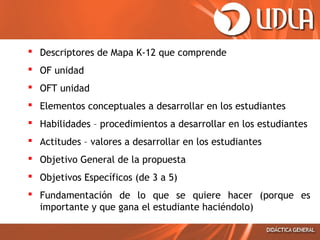  Descriptores de Mapa K-12 que comprende
 OF unidad
 OFT unidad
 Elementos conceptuales a desarrollar en los estudiantes
 Habilidades – procedimientos a desarrollar en los estudiantes
 Actitudes – valores a desarrollar en los estudiantes
 Objetivo General de la propuesta
 Objetivos Específicos (de 3 a 5)
 Fundamentación de lo que se quiere hacer (porque es
importante y que gana el estudiante haciéndolo)
 