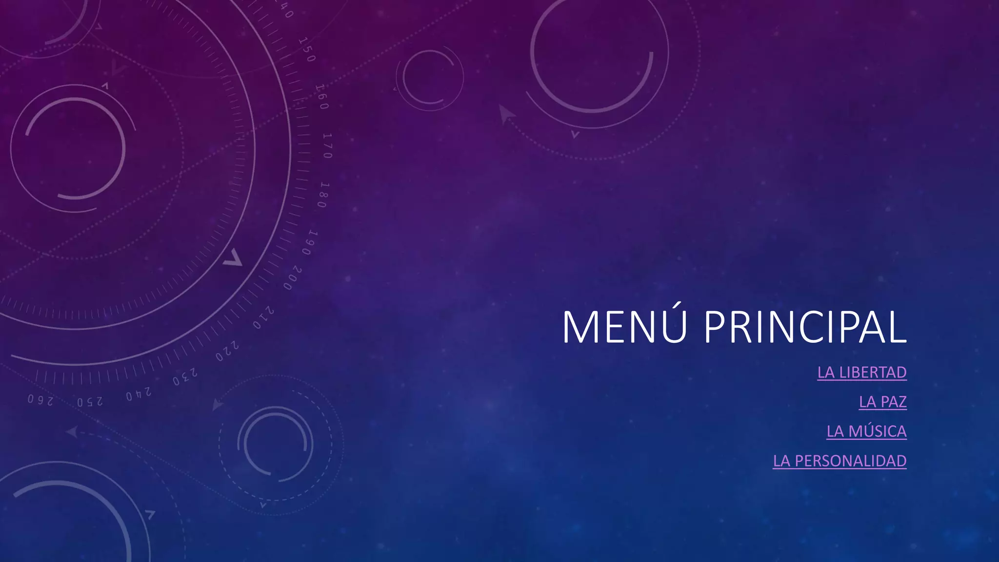 MENÚ PRINCIPAL
LA LIBERTAD
LA PAZ
LA MÚSICA
LA PERSONALIDAD