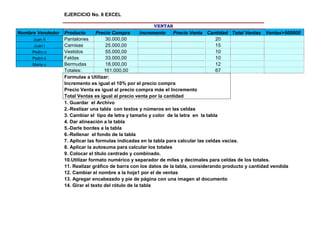 EJERCICIO No. 8 EXCEL

                                                      VENTAS
Nombre Vendedor Producto       Precio Compra        Incremento   Precio Venta Cantidad Total Ventas Ventas>500000
     Juan ñ     Pantalones          30.000,00                                       20
      Juan l    Camisas             25.000,00                                       15
     Pedro o    Vestidos            55.000,00                                       10
     Pedro k    Faldas              33.000,00                                       10
     Maria u    Bermudas            18.000,00                                       12
                Totales:           161.000,00                                       67
                Formulas a Utilizar:
                Incremento es igual el 10% por el precio compra
                Precio Venta es igual al precio compra más el Incremento
                Total Ventas es igual al precio venta por la cantidad
                1. Guardar el Archivo
                2.-Realizar una tabla con textos y números en las celdas
                3. Cambiar el tipo de letra y tamaño y color de la letra en la tabla
                4. Dar alineación a la tabla
                5.-Darle bordes a la tabla
                6.-Rellenar el fondo de la tabla
                7. Aplicar las formulas indicadas en la tabla para calcular las celdas vacías.
                8. Aplicar la autosuma para calcular los totales
                9. Colocar el título centrado y combinado.
                10.Utilizar formato numérico y separador de miles y decimales para celdas de los totales.
                11. Realizar gráfico de barra con los datos de la tabla, considerando producto y cantidad vendida
                12. Cambiar el nombre a la hoja1 por el de ventas
                13. Agregar encabezado y pie de página con una imagen al documento
                14. Girar el texto del rótulo de la tabla
 