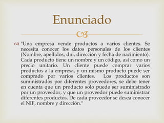 
"Una empresa vende productos a varios clientes. Se
necesita conocer los datos personales de los clientes
(Nombre, apellidos, dni, dirección y fecha de nacimiento).
Cada producto tiene un nombre y un código, así como un
precio unitario. Un cliente puede comprar varios
productos a la empresa, y un mismo producto puede ser
comprado por varios clientes. Los productos son
suministrados por diferentes proveedores, se debe tener
en cuenta que un producto solo puede ser suministrado
por un proveedor, y que un proveedor puede suministrar
diferentes productos. De cada proveedor se desea conocer
el NIF, nombre y dirección."
Enunciado
