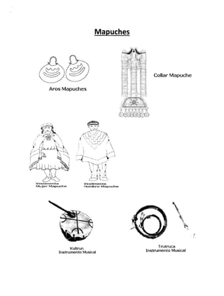 Mapuches
Vest¡rnerrta
Mujer Mapucl-re
Vesürnenta
Hornbre Mapuche
Collar Mapuche
Trutruca
Instrumento Musical
Aros Mapuches
Kultrun
Instrumento Musical
 