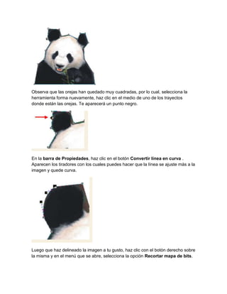 Observa que las orejas han quedado muy cuadradas, por lo cual, selecciona la
herramienta forma nuevamente, haz clic en el medio de uno de los trayectos
donde están las orejas. Te aparecerá un punto negro.




En la barra de Propiedades, haz clic en el botón Convertir línea en curva .
Aparecen los tiradores con los cuales puedes hacer que la línea se ajuste más a la
imagen y quede curva.




Luego que haz delineado la imagen a tu gusto, haz clic con el botón derecho sobre
la misma y en el menú que se abre, selecciona la opción Recortar mapa de bits.
 