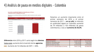 4) Análisis de pauta en medios digitales - Colombia
Diferencia entre 2016 y 2017: varía según los clientes.
Sobre todo: aumento de la inversión de las agencias.
Aumento de 16 millardos de COP = + 40%.
Notamos un aumento importante entre el
primer semestre de 2016 y el primer
semestre de 2017 → en un año, la inversión
en publicidad digital en Colombia aumentó
de 79 millardos a 103 millardos de pesos
colombianos, o sea un aumento de 30,2%.
 