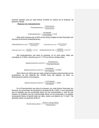 expresar también que por cada bolívar invertido en activos de la empresa, se
generan 0,58 Bs.
- Razones de endeudamiento:
𝐸𝑛𝑑𝑒𝑢𝑑𝑎𝑚𝑖𝑒𝑛𝑡𝑜 =
𝑇𝑜𝑡𝑎𝑙 𝑝𝑎𝑠𝑖𝑣𝑜
𝑇𝑜𝑡𝑎𝑙 𝑎𝑐𝑡𝑖𝑣𝑜
𝐸𝑛𝑑𝑒𝑢𝑑𝑎𝑚𝑖𝑒𝑛𝑡𝑜 =
549.000,00
2.228.300,00
= 0,24
Esta razón expresa que el 24% de los activos totales ha sido financiado con
recursos de terceros (endeudamiento).
𝐸𝑛𝑑𝑒𝑢𝑑𝑎𝑚𝑖𝑒𝑛𝑡𝑜 𝑐/𝑝 =
𝑃𝑎𝑠𝑖𝑣𝑜 𝑐𝑖𝑟𝑐𝑢𝑙𝑎𝑛𝑡𝑒
𝑇𝑜𝑡𝑎𝑙 𝑎𝑐𝑡𝑖𝑣𝑜
𝐸𝑛𝑑𝑒𝑢𝑑𝑎𝑚𝑖𝑒𝑛𝑡𝑜 𝑙/𝑝 =
𝑃𝑎𝑠𝑖𝑣𝑜 𝑙𝑎𝑟𝑔𝑜 𝑝𝑙𝑎𝑧𝑜
𝑇𝑜𝑡𝑎𝑙 𝑎𝑐𝑡𝑖𝑣𝑜
𝐸𝑛𝑑𝑒𝑢𝑑𝑎𝑚𝑖𝑒𝑛𝑡𝑜 𝑐/𝑝 =
300.000,00
2.228.300,00
= 0,1346 𝐸𝑛𝑑𝑒𝑢𝑑𝑎𝑚𝑖𝑒𝑛𝑡𝑜 𝑙/𝑝 =
249.000,00
2.228.300,00
= 0,1117
Del endeudamiento que tiene la empresa, en el corto plazo debe ser
cancelado el 13,46%; mientras que el 11,17% se hará en el largo plazo.
𝐴𝑝𝑎𝑙𝑎𝑛𝑐𝑎𝑚𝑖𝑒𝑛𝑡𝑜 𝑒𝑥𝑡𝑒𝑟𝑛𝑜 =
𝑇𝑜𝑡𝑎𝑙 𝑝𝑎𝑠𝑖𝑣𝑜
𝑇𝑜𝑡𝑎𝑙 𝑝𝑎𝑡𝑟𝑖𝑚𝑜𝑛𝑖𝑜
𝐴𝑝𝑎𝑙𝑎𝑛𝑐𝑎𝑚𝑖𝑒𝑛𝑡𝑜 𝑒𝑥𝑡𝑒𝑟𝑛𝑜 =
549.000,00
1.679.300,00
= 0,3269
Este índice nos indica que por cada unidad monetaria proporcionada por los
propietarios, se han obtenido Bs. 0,3269 fuera del negocio, es decir, un
financiamiento externo a la empresa.
𝐴𝑝𝑎𝑙𝑎𝑛𝑐𝑎𝑚𝑖𝑒𝑛𝑡𝑜 𝑖𝑛𝑡𝑒𝑟𝑛𝑜 =
1.679.300,00
549.000,00
= 3,058
En el financiamiento que tiene la empresa, por cada bolívar financiado por
terceros, los accionistas han aportado la cantidad de Bs. 3,058. Lo que representa
que el respaldo que los accionistas tienen de los inversionistas o, visto de otra
manera, la confianza que los inversionistas tienen en los accionistas o su gestión
empresarial triplica el aporte dado por ellos, existe una relación de 1:3 (por 1 Bs
aportado existe una garantía de Bs.3).
𝐷𝑒𝑢𝑑𝑎 𝑙𝑎𝑟𝑔𝑜 𝑝𝑙𝑎𝑧𝑜 =
𝑃𝑎𝑠𝑖𝑣𝑜 𝑎 𝑙𝑎𝑟𝑔𝑜 𝑝𝑙𝑎𝑧𝑜
𝑇𝑜𝑡𝑎𝑙 𝑝𝑎𝑠𝑖𝑣𝑜
 