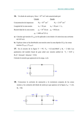 Ejercicios relativos al diodo
16. Un diodo de unión pn y Área = 10-4
cm2
está caracterizado por:
Cátodo Ánodo
Concentración de impurezas: ND = 1019
cm-3
NA = 2⋅1014
cm-3
Longitud de la zona neutra wn = 50 μm wp = 20 μm << Ln
Resistividad de la zona neutra ρn = 10-2
Ω⋅cm ρp = 50 Ω⋅cm
μn = 1400 cm2
/(V⋅s)
a) Calcular qué tensión (VTotal) se ha aplicado a este diodo si lo atraviesa una corriente
de 0.65 mA.
b) Explicar cómo se ha distribuido esta tensión entre la zona dipolar (Vj) y las zonas
neutras (Vánodo y Vcátodo).
17. En el circuito de la figura V = 9V; Vm = 0.2⋅sin(100t)V y RL = 2 KΩ. Los
parámetros del modelo lineal de gran señal son: tensión umbral de Vγ = 0.6V y
Rf (f = forward = directa) = 10 Ω.
Calcular la tensión que aparecerá en la carga, vL(t).
V
V
18. Conocemos la corriente de saturación y la resistencia conjunta de las zonas
neutras y los contactos del diodo de unión p-n que aparece en la figura: Isat = 1 nA;
Rs = 5Ω.
vi
 