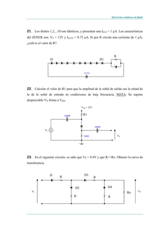 Ejercicios relativos al diodo
21. Los diodos 1,2,...10 son idénticos, y presentan una ISAT = 1 μA. Las características
del ZENER son: VZ = 12V y ISATZ = 0.72 μA. Si por R circula una corriente de 1 μA,
¿cuál es el valor de R?.
R
D D1
22. Calcular el valor de R1 para que la amplitud de la señal de salida sea la mitad de
la de la señal de entrada en condiciones de baja frecuencia. NOTA: Se supone
despreciable VD frente a VDD.
R1
vi
vo
VDD = 25V
23. En el siguiente circuito, se sabe que Vγ = 0.4V y que R<<Ro. Obtener la curva de
transferencia.
vi
R R
R R
Ro
D D3
D4D2
vo
 