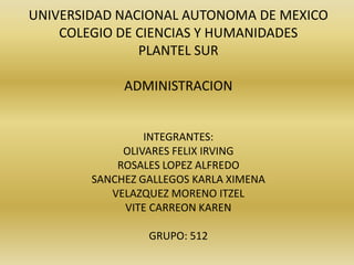 UNIVERSIDAD NACIONAL AUTONOMA DE MEXICO COLEGIO DE CIENCIAS Y HUMANIDADES PLANTEL SUR ADMINISTRACION INTEGRANTES: OLIVARES FELIX IRVING ROSALES LOPEZ ALFREDO SANCHEZ GALLEGOS KARLA XIMENA VELAZQUEZ MORENO ITZEL VITE CARREON KAREN GRUPO: 512 