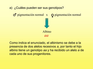 a) ¿Cuáles pueden ser sus genotipos?

     pigmentación normal x       pigmentación normal




                        Albino
                         aa
Como indica el enunciado, el albinismo se debe a la
presencia de dos alelos recesivos a, por tanto el hijo
albino tiene un genotipo aa y ha recibido un alelo a de
cada uno de sus progenitores.
 