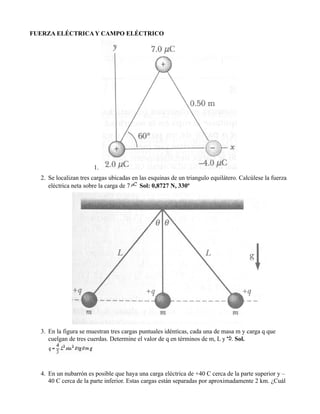 FUERZA ELÉCTRICA Y CAMPO ELÉCTRICO




                       1.
  2. Se localizan tres cargas ubicadas en las esquinas de un triangulo equilátero. Calcúlese la fuerza
     eléctrica neta sobre la carga de 7   Sol: 0,8727 N, 330º




  3. En la figura se muestran tres cargas puntuales idénticas, cada una de masa m y carga q que
     cuelgan de tres cuerdas. Determine el valor de q en términos de m, L y . Sol.




  4. En un nubarrón es posible que haya una carga eléctrica de +40 C cerca de la parte superior y –
     40 C cerca de la parte inferior. Estas cargas están separadas por aproximadamente 2 km. ¿Cuál
 