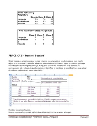 Media Por Clase y
           Asignatura
                        Clase A Clase B Clase C
           Lenguaje          5,9    7,4     5,0
           Matemáticas       4,8    5,3     6,9
           Historia          6,8    6,7     5,9


             Nota Máxima Por Clase y Asignatura

                          Clase A Clase B       Clase C
           Lenguaje             8       9             7
           Matemática           7       9             8
           s
           Historia               9         8           8




PRACTICA 5 – Funcion BuscarV

Usted trabaja en una empresa de ventas, y cuenta con un grupo de vendedores que cada mes le
reportan el monto de lo vendido. Sobre eso aplicaremos un bono extra según la cantidad que haya
vendido como estimulo por su trabajo. Aunque las cantidades presentadas en el ejemplo no
correspondan a la realidad, lo que buscamos es identificar el monto de lo vendido al mes para aplicar
dicho bono e identificar a nuestro vendedor.




El dato a buscar es el sueldo.
Debera mostrar el porcentaje y el nombre del vendedor como se ve en la imagen.

CUADERNO DE EJERCICIOS Y PRACTICAS EXCEL AVANZADO                                            Página 20
 