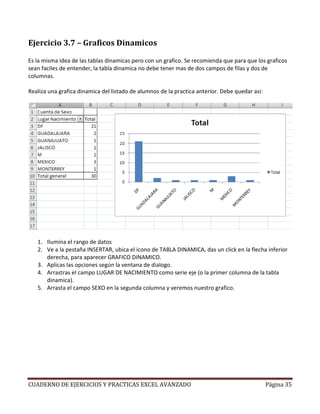 Ejercicio 3.7 – Graficos Dinamicos

Es la misma idea de las tablas dinamicas pero con un grafico. Se recomienda que para que los graficos
sean faciles de entender, la tabla dinamica no debe tener mas de dos campos de filas y dos de
columnas.

Realiza una grafica dinamica del listado de alumnos de la practica anterior. Debe quedar asi:




   1. Ilumina el rango de datos
   2. Ve a la pestaña INSERTAR, ubica el icono de TABLA DINAMICA, das un click en la flecha inferior
      derecha, para aparecer GRAFICO DINAMICO.
   3. Aplicas las opciones según la ventana de dialogo.
   4. Arrastras el campo LUGAR DE NACIMIENTO como serie eje (o la primer columna de la tabla
      dinamica).
   5. Arrasta el campo SEXO en la segunda columna y veremos nuestro grafico.




CUADERNO DE EJERCICIOS Y PRACTICAS EXCEL AVANZADO                                               Página 35
 