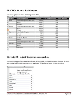 PRACTICA 16 – Grafico Dinamico

Elabora un grafico dinamico con los siguientes datos.




Ejercicio 3.8 – Añadir imágenes a una grafica.

Usaremos la opcion efectos de relleno dentro de las graficas. El procedimiento es el mismo de crear
una grafica, la diferencia se encuentra en la pestaña TRAMAS en el boton efectos de relleno




CUADERNO DE EJERCICIOS Y PRACTICAS EXCEL AVANZADO                                           Página 36
 