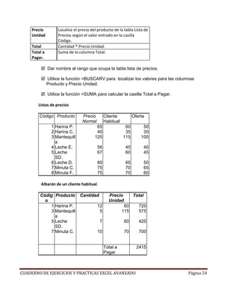 Precio         Localice el precio del producto de la tabla Lista de
     Unidad         Precios según el valor entrado en la casilla
                    Código.
     Total          Cantidad * Precio Unidad.
     Total a        Suma de la columna Total.
     Pagar.

               Dar nombre al rango que ocupa la tabla lista de precios.

               Utilice la función =BUSCARV para localizar los valores para las columnas
               Producto y Precio Unidad.

               Utilice la función =SUMA para calcular la casilla Total a Pagar.

        Listas de precios

         Código Producto         Precio         Cliente          Oferta
                                 Normal         Habitual
                 1 Harina P.              65                60        50
                 2 Harina C.              40                35        30
                 3 Mantequill            120               115       100
                   a
                 4 Leche E.               56                45           40
                 5 Leche                  67                60           45
                   SD.
                 6 Leche D.               80                65           50
                 7 Minuta C.              75                70           65
                 8 Minuta F.              75                70           60

          Albarán de un cliente habitual.

         Códig Producto         Cantidad          Precio         Total
           o                                      Unidad
              1 Harina P.                 12                60      720
              3 Mantequill                 5               115      575
                a
              5 Leche                       7               60      420
                SD.
              7 Minuta C.                 10                70      700


                                                Total a            2415
                                                Pagar



CUADERNO DE EJERCICIOS Y PRACTICAS EXCEL AVANZADO                                   Página 54
 