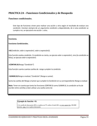 PRACTICA 24 – Funciones Condicionales y de Busqueda

Funciones condicionales.


      Este tipo de funciones sirven para realizar una acción u otra según el resultado de evaluar una
      condición. Constan siempre de un argumento condición y dependiendo, de si esta condición se
      cumple o no, se ejecutará una acción u otra.



Funciones.

Funciones Condicionales.


=SI(Condición; valor o expresión1; valor o expresión2).

Esta función evalúa condición. Sí condición es cierta, se ejecuta valor o expresión1, sino (la condición es
falsa), se ejecuta valor o expresión2.


=CONTAR.SI(Rango;”Condición”)

Esta función cuenta cuantas casillas de rango cumplen la condición.


=SUMAR.SI(Rango a evaluar;”Condición”;Rango a sumar)

Suma las casillas del Rango a Sumar que cumplen la Condición en su correspondiente Rango a evaluar.

Nota: Tener en cuenta que tanto las funciones CONTAR.SI como SUMAR.SI, la condición se ha de
escribir entre comillas o bien utilizar una casilla como tal.




             Ejemplo de función =Si.
             A la casilla de descuento (B2), se aplica un 5% sobre el total (B1), si este supera las 100.000
             pesetas, sino, no se aplica descuento.




CUADERNO DE EJERCICIOS Y PRACTICAS EXCEL AVANZADO                                                              Página 55
 