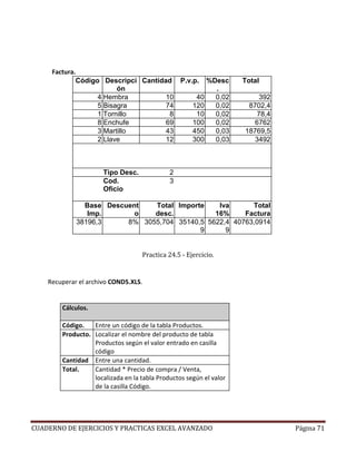 Factura.
             Código Descripci Cantidad P.v.p. %Desc                 Total
                         ón                     .
                   4 Hembra          10     40  0,02                    392
                   5 Bisagra         74    120  0,02                 8702,4
                   1 Tornillo         8     10  0,02                   78,4
                   8 Enchufe         69    100  0,02                   6762
                   3 Martillo        43    450  0,03                18769,5
                   2 Llave           12    300  0,03                   3492



                      Tipo Desc.             2
                      Cod.                   3
                      Oficio

               Base Descuent   Total Importe    Iva      Total
                Imp.       o   desc.           16%     Factura
             38196,3     8% 3055,704 35140,5 5622,4 40763,0914
                                           9      9


                                   Practica 24.5 - Ejercicio.


    Recuperar el archivo COND5.XLS.


        Cálculos.

        Código.   Entre un código de la tabla Productos.
        Producto. Localizar el nombre del producto de tabla
                  Productos según el valor entrado en casilla
                  código
        Cantidad Entre una cantidad.
        Total.    Cantidad * Precio de compra / Venta,
                  localizada en la tabla Productos según el valor
                  de la casilla Código.




CUADERNO DE EJERCICIOS Y PRACTICAS EXCEL AVANZADO                             Página 71
 