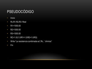 PSEUDOCÓDIGO
•

Inicio

•

Rc,R1,R2,R3: Real

•

R1=1000.00

•

R2=1000.00

•

R3=1000.00

•

RC=1.0/(1.0/R1+1.0/R2+1.0/R3)

•

Write “La resistencia combinada es”;Rc , “ohmios”

•

Fin

 