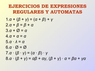 EJERCICIOS DE EXPRESIONES
REGULARES Y AUTOMATAS
1.α + (β + γ) = (α + β) + γ
2.α + β = β + α
3.α + Ø = α
4.α + α = α
5.α · λ = α
6.α · Ø = Ø
7.α · (β · γ) = (α · β) · γ
8.α · (β + γ) = αβ + αγ, (β + γ) · α = βα + γα
 