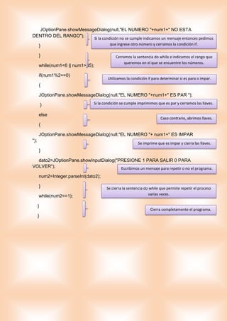 JOptionPane.showMessageDialog(null,"EL NUMERO "+num1+" NO ESTA
DENTRO DEL RANGO");
}
}
while(num1<6 || num1>65);
if(num1%2==0)
{
JOptionPane.showMessageDialog(null,"EL NUMERO "+num1+" ES PAR ");
}
else
{
JOptionPane.showMessageDialog(null,"EL NUMERO "+ num1+" ES IMPAR
");
}
dato2=JOptionPane.showInputDialog("PRESIONE 1 PARA SALIR 0 PARA
VOLVER");
num2=Integer.parseInt(dato2);
}
while(num2==1);
}
}
Si la condición no se cumple indicamos un mensaje entonces pedimos
que ingrese otro número y cerramos la condición if.
Cerramos la sentencia do while e indicamos el rango que
queremos en el que se encuentre los números.
Utilizamos la condición if para determinar si es para o impar.
Si la condición se cumple imprimimos que es par y cerramos las llaves.
Caso contrario, abrimos llaves.
Se imprime que es impar y cierra las llaves.
Escribimos un mensaje para repetir o no el programa.
Se cierra la sentencia do while que permite repetir el proceso
varias veces.
Cierra completamente el programa.
 