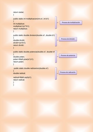 return restar;
}
public static int multiplicacion(int a1, int b1)
{
int multiplicar;
multiplicar=(a1*b1);
return multiplicar;
}
public static double division(double a1, double b1)
{
double dividir;
dividir=(a1/b1);
return dividir;
}
public static double potencia(double a1, double b1)
{
double poten;
poten=Math.pow(a1,b1);
return poten;
}
public static double radicacion(double a1)
{
double radical;
radical=Math.sqrt(a1);
return radical;
}
}
Proceso de multiplicación
Proceso de división
Proceso de potencia
Proceso de radicación
 