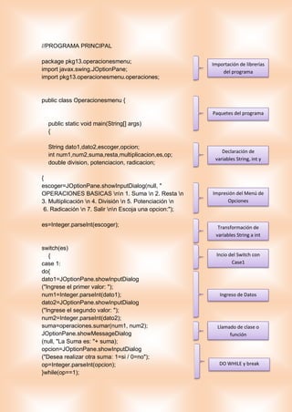 //PROGRAMA PRINCIPAL
package pkg13.operacionesmenu;
import javax.swing.JOptionPane;
import pkg13.operacionesmenu.operaciones;
public class Operacionesmenu {
public static void main(String[] args)
{
String dato1,dato2,escoger,opcion;
int num1,num2,suma,resta,multiplicacion,es,op;
double division, potenciacion, radicacion;
{
escoger=JOptionPane.showInputDialog(null, "
OPERACIONES BASICAS nn 1. Suma n 2. Resta n
3. Multiplicación n 4. División n 5. Potenciación n
6. Radicación n 7. Salir nn Escoja una opcion:");
es=Integer.parseInt(escoger);
switch(es)
{
case 1:
do{
dato1=JOptionPane.showInputDialog
("Ingrese el primer valor: ");
num1=Integer.parseInt(dato1);
dato2=JOptionPane.showInputDialog
("Ingrese el segundo valor: ");
num2=Integer.parseInt(dato2);
suma=operaciones.sumar(num1, num2);
JOptionPane.showMessageDialog
(null, "La Suma es: "+ suma);
opcion=JOptionPane.showInputDialog
("Desea realizar otra suma: 1=si / 0=no");
op=Integer.parseInt(opcion);
}while(op==1);
Importación de librerías
del programa
Paquetes del programa
Declaración de
variables String, int y
double
Impresión del Menú de
Opciones
Transformación de
variables String a int
Incio del Switch con
Case1
Ingreso de Datos
Llamado de clase o
función
DO WHILE y break
 