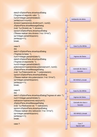 dato2=JOptionPane.showInputDialog
("Ingrese el segundo valor: ");
num2=Integer.parseInt(dato2);
}while(num1<num2);
division=operaciones.dividir(num1, num2);
JOptionPane.showMessageDialog
(null, "La División es: "+ division);
opcion=JOptionPane.showInputDialog
("Desea realizar otra division 1=si / 0=no");
op=Integer.parseInt(opcion);
}while(op==1);
break;
case 5:
do{
dato1=JOptionPane.showInputDialog
("Ingrese la base: ");
num1=Integer.parseInt(dato1);
dato2=JOptionPane.showInputDialog
("Ingrese el exponente: ");
num2=Integer.parseInt(dato2);
potenciacion=operaciones.potencia(num1, num2);
JOptionPane.showMessageDialog
(null, "La Potenciación es: "+ potenciacion);
opcion=JOptionPane.showInputDialog
("Desea realizar otra potenciacion 1=si / 0=no");
op=Integer.parseInt(opcion);
}while(op==1);
break;
case 6:
do{
dato1=JOptionPane.showInputDialog("Ingrese el valor: ");
num1=Integer.parseInt(dato1);
radicacion=operaciones.raiz(num1);
JOptionPane.showMessageDialog
(null, "La Radicacion es: "+ radicacion);
opcion=JOptionPane.showInputDialog
("Desea realizar otra radicación 1=si / 0=no");
op=Integer.parseInt(opcion);
}while(op==1);
break;
case 7:
Validación de datos
Case 5 y Do While
Ingreso de Datos
Llamado de clase o
función
DO WHILE y break
Case 6 y Do While
Ingreso de Datos
Llamado de clase o
función
DO WHILE y break
Case 7
Opción Salir
 