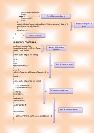 pares=series.par(limite);
break;
case 5:
System.exit(0);
break;
}
dato3=JOptionPane.showInputDialog("Volver al menu 1 Salir 0: ");
opc=Integer.parseInt(dato3);
}
while(opc==1);
}
}
CLASE DEL PROGRAMA
package menuseries;
import javax.swing.JOptionPane;
public class series
{
public static int par (int limite)
{
int p;
int i;
p=0;
for(i=1;i<=limite;i++)
{
p=p+2;
JOptionPane.showMessageDialog(null, +p);
}
return 0;
}
public static int primos (int limite)
{
int conta,residuo,i,j;
for(i=1;i<=limite;i++)
{
conta=0;
for(j=1;j<=i;j++)
{
residuo=i%j;
if(residuo==0)
{
conta=conta+1;
}
}
if(conta==2)
{
JOptionPane.showMessageDialog(null, +i);
}
}
Fin del Switch con Case 5
Repetir el Programa n
veces
Fin del Programa
Nombre del Programa
principal
Serie de numeros pares
Serie de numeros primos
Serie de numeros primos
 