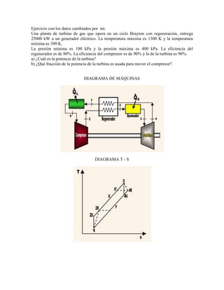 Ejercicio con los datos cambiados por mi.
Una planta de turbina de gas que opera en un ciclo Brayton con regeneración, entrega
25000 kW a un generador eléctrico. La temperatura máxima es 1300 K y la temperatura
mínima es 390 K.
La presión mínima es 100 kPa y la presión máxima es 400 kPa. La eficiencia del
regenerador es de 80%. La eficiencia del compresor es de 90% y la de la turbina es 90%.
a) ¿Cuál es la potencia de la turbina?
b) ¿Qué fracción de la potencia de la turbina es usada para mover el compresor?
DIAGRAMA DE MÁQUINAS
DIAGRAMA T - S
 