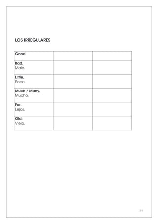 100
LOS IRREGULARES
Good.
Bad.
Malo.
Little.
Poco.
Much / Many.
Mucho.
Far.
Lejos.
Old.
Viejo.
 