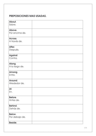 104
PREPOSICIONES MAS USADAS.
About.
Sobre.
Above.
Por encima de.
Across.
A través de.
After.
Después.
Against.
Contra.
Along.
A lo largo de.
Among.
Entre.
Around.
Alrededor de.
At.
En.
Before.
Antes de.
Behind.
Detrás de.
Below.
Por debajo de.
Beside.
 