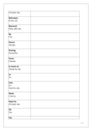 105
Al lado de.
Between.
Entre (2).
Beyond.
Mas allá de.
By.
Por.
Down.
Abajo.
During.
Durante.
From.
Desde.
In front of.
Delante de.
In.
En.
Into.
En,
Dentro de.
Near.
Cerca.
Next to.
Al lado de.
Of.
De.
On.
 