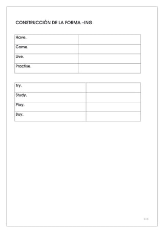 114
CONSTRUCCIÓN DE LA FORMA –ING
Have.
Come.
Live.
Practise.
Try.
Study.
Play.
Buy.
 
