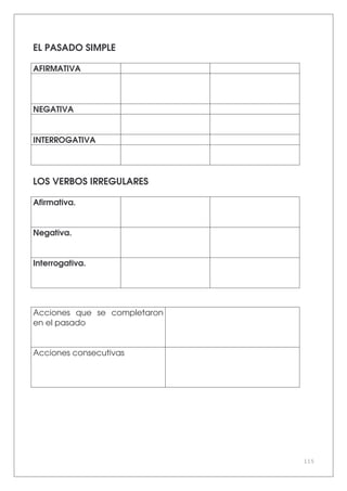 115
EL PASADO SIMPLE
AFIRMATIVA
NEGATIVA
INTERROGATIVA
LOS VERBOS IRREGULARES
Afirmativa.
Negativa.
Interrogativa.
Acciones que se completaron
en el pasado
Acciones consecutivas
 