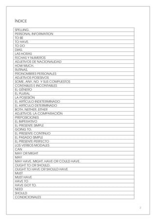 2
ÍNDICE
SPELLING.
PERSONAL INFORMATION
TO BE
TO HAVE.
TO DO
DIAS.
LAS HORAS
FECHAS Y NUMEROS
ADJETIVOS DE NACIONALIDAD
HOW MUCH.
RUTINAS.
PRONOMBRES PERSONALES
ADJETIVOS POSESIVOS
SOME, ANY, NO Y SUS COMPUESTOS
CONTABLES E INCONTABLES
EL GÉNERO
EL PLURAL
LA POSESIÓN
EL ARTÍCULO INDETERMINADO
EL ARTICULO DETERMINADO
BOTH, NEITHER, EITHER
ADJETIVOS. LA COMPARACIÓN
PREPOSICIONES
EL IMPERATIVO
EL PRESENTE SIMPLE
GOING TO.
EL PRESENTE CONTINUO
EL PASADO SIMPLE
EL PRESENTE PERFECTO
LOS VERBOS MODALES
CAN
MAY OR MIGHT
MAY
MAY HAVE, MIGHT, HAVE OR COULD HAVE.
OUGHT TO OR SHOULD.
OUGHT TO HAVE OR SHOULD HAVE
MUST
MUST HAVE
HAVE TO
HAVE GOT TO.
NEED
SHOULD
CONDICIONALES
 
