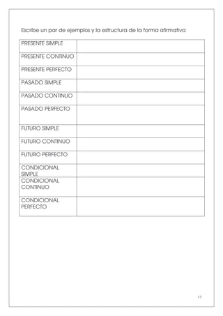 48
Escribe un par de ejemplos y la estructura de la forma afirmativa
PRESENTE SIMPLE
PRESENTE CONTINUO
PRESENTE PERFECTO
PASADO SIMPLE
PASADO CONTINUO
PASADO PERFECTO
FUTURO SIMPLE
FUTURO CONTINUO
FUTURO PERFECTO
CONDICIONAL
SIMPLE
CONDICIONAL
CONTINUO
CONDICIONAL
PERFECTO
 