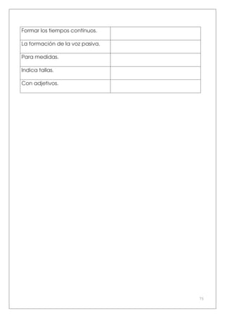 75
Formar los tiempos continuos.
La formación de la voz pasiva.
Para medidas.
Indica tallas.
Con adjetivos.
 