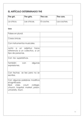 96
EL ARTÍCULO DETERMINADO THE
The girl. The girls. The car. The cars.
La chica. Las chicas. El coche. Los coches.
Usos
Países en plural.
Cosas únicas.
Con instrumentos musicales.
Junto a un adjetivo hace
referencia a un colectivo, a un
tipo de personas.
Con los superlativos.
También con algunas
expresiones.
Con fechas se lee pero no se
escribe.
Con algunas palabras modifica
el significado
Bed, class, court, college,
church, hospital, market, prison,
university, town.
 
