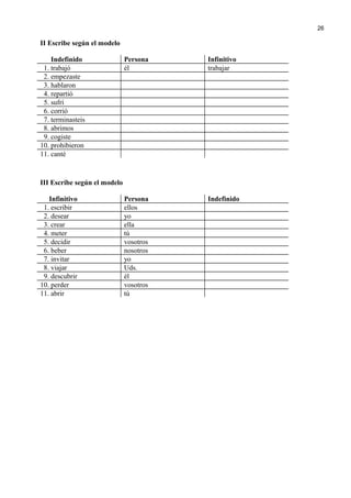 II Escribe según el modelo
Indefinido Persona Infinitivo
1. trabajó él trabajar
2. empezaste
3. hablaron
4. repartió
5. sufrí
6. corrió
7. terminasteis
8. abrimos
9. cogiste
10. prohibieron
11. canté
III Escribe según el modelo
Infinitivo Persona Indefinido
1. escribir ellos
2. desear yo
3. crear ella
4. meter tú
5. decidir vosotros
6. beber nosotros
7. invitar yo
8. viajar Uds.
9. descubrir él
10. perder vosotros
11. abrir tú
26
 
