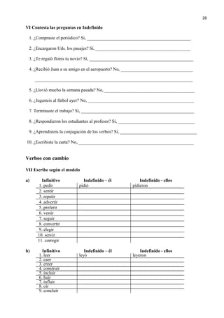 VI Contesta las preguntas en Indefinido
1. ¿Compraste el periódico? Sí, ______________________________________________
2. ¿Encargaron Uds. los pasajes? Sí, __________________________________________
3. ¿Te regaló flores tu novio? Sí, ______________________________________________
4. ¿Recibió Juan a su amigo en el aeropuerto? No, ________________________________
______________________________________________________________________
5. ¿Llovió mucho la semana pasada? No, ________________________________________
6. ¿Jugasteis al fútbol ayer? No, _______________________________________________
7. Terminaste el trabajo? Sí, __________________________________________________
8. ¿Respondieron los estudiantes al profesor? Sí, __________________________________
9. ¿Aprendisteis la conjugación de los verbos? Sí, __________________________________
10. ¿Escribiste la carta? No, ___________________________________________________
Verbos con cambio
VII Escribe según el modelo
a) Infinitivo Indefinido – él Indefinido - ellos
1. pedir pidió pidieron
2. sentir
3. repetir
4. advertir
5. preferir
6. vestir
7. seguir
8. convertir
9. elegir
10. servir
11. corregir
b) Infinitivo Indefinido – él Indefinido - ellos
1. leer leyó leyeron
2. caer
3. creer
4. construir
5. incluir
6. huir
7. influir
8. oír
9. concluír
28
 