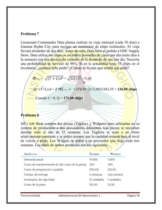 Tercera Unidad Administracion De Operaciones 1 Página 18
Problema 7
Lieutenant Commander Data planea realizar su viaje mensual (cada 30 días) a
Gamma Hydra City para recoger un suministro de chips isolineales. El viaje
llevará alrededor de dos días. Antes de salir, Data hace el pedido a GHC Supply
Store. Data utiliza los chips en un índice promedio de cinco por día (siete días a
la semana) con una desviación estándar de la demanda de uno por día. Necesita
una probabilidad de servicio de 98%. Si en la actualidad tiene 35 chips en el
inventario, ¿cuántos debe pedir? ¿Cuánto es lo más que tendrá que pedir?
(T+L) = √( ) = √ ( ) = 5.65
Q= (T+L) d + Z (T+L) –I = (5)(30+2)+2.05(5.65)-35 = 136.58 chips
Cuando I = 0, Q = 171.60 chips
Problema 8
Jill’s Job Shop compra dos piezas (Tegdiws y Widgets) para utilizarlas en su
sistema de producción a dos proveedores diferentes. Las piezas se necesitan
durante todo el año de 52 semanas. Los Tegdiws se usan a un ritmo
relativamente constante y se piden siempre que la cantidad restante baja al nivel
de volver a pedir. Los Widgets se piden a un proveedor que llega cada tres
semanas. Los datos de ambos productos son los siguientes:
 