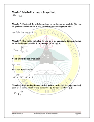 Tercera Unidad Administracion De Operaciones 1 Página 5
Modelo P. Cálculo del inventario de seguridad.
Modelo P. Cantidad de pedidos óptima en un sistema de periodo fijo con
un periodo de revisión de T días y un tiempo de entrega de L días.
Modelo P. Desviación estándar de una serie de demandas independientes
en un periodo de revisión T y un tiempo de entrega L.
Valor promedio del inventario
Rotación de inventario
Modelo Q. Cantidad óptima de pedido basada en el costo de un pedido S, el
costo de mantenimiento como porcentaje (i) del costo unitario (C).
 