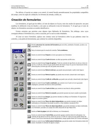 Universidad de Huelva 40
Prácticas de Bases de Datos I Curso 97/98
Por defecto, al asociar un campo a un control, el control hereda automáticamente las propiedades compatibles
del campo, como las reglas de validación, los formatos de entrada y salida, etc.
Creación de formularios
Los formularios, al igual que las tablas y el resto de objetos en Access, tiene dos modos de operación: uno para
modificar la definición (vista de diseño) y otro para su utilización (vista de formulario). Y al igual que el resto de
objetos, los formularios necesitan un nombre identificativo.
Existen asistentes que permiten crear algunos tipos habituales de formularios. Sin embargo, raras veces
consiguen obtener el formulario tal y como se necesita, por lo cual no serán estudiados.
Al crear un nuevo formulario, aparece una ventana vacía (el formulario) sobre la que podemos situar los
controles, y una paleta de herramientas, que contiene los controles disponibles.
Permite seleccionar los controles del formulario para moverlos, cambiarles el tamaño, acceder a sus
propiedades, etc...
Inicia el asistente para la creación de controles. No lo estudiamos.
Inserta un control de tipo Etiqueta: un texto que aparece en el formulario.
Inserta un control de tipo Cuadro de texto: un editor que permite escribir texto.
Inserta un control de tipo Grupo de opciones. Todos los controles de tipo Botón de alternar, Botón de
opción y Casilla de verificación que queden dentro del mismo Grupo de opciones funcionan de forma
autoexcluyente, de forma que sólo uno puede estar activado.
Inserta un control de tipo Botón de alternar, que puede estar presionado o suelto (valor lógico).
Inserta un control de tipo Botón de opción, que puede estar activado o desactivado (valor lógico).
Inserta un control de tipo Casilla de verificación, que puede estar activado o desactivado (valor lógico).
Inserta un control de tipo Cuadro combinado, que consiste en un Cuadro de texto que puede
desplegarse y presentar una lista de valores permitidos.
Inserta un control de tipo Cuadro de lista, que consiste en una lista de valores permitidos.
Inserta un control de tipo Botón de comando, que permite ejecutar una macro cuando es presionado.
Inserta un control de tipo Imagen, que permite introducir un dibujo en el formulario. El origen de la
imagen es un archivo gráfico.
Inserta un control de tipo Marco de objeto independiente, que permite introducir un objeto
multimedia en el formulario, bien desde un archivo, o bien mediante vinculación OLE.
Inserta un control de tipo Marco de objeto dependiente, que permite introducir un objeto multimedia
en el formulario, asociado a un campo de la tabla subyacente de tipo Objeto OLE.
Inserta un Salto de página (sólo útil en Informes, no el formularios).
Inserta un control de tipo Control ficha, que permite agrupar controles dentro de subcarpetas. Los
controles de tipo Botón de alternar, Botón de opción y Casilla de verificación que queden dentro del
mismo Control ficha funcionan de forma independiente, aunque queden dentro de la misma subcarpeta.
Inserta un control de tipo Subformulario/Subinforme, que permite anidar otros formularios dentro del
actual, vinculando el contenido de algunos campos.
 