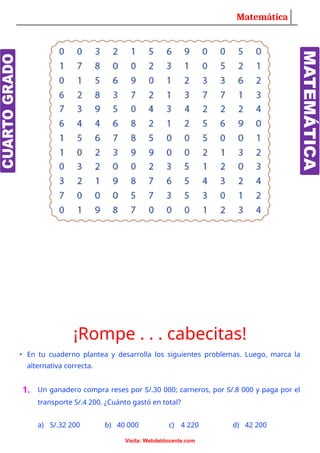 Matemática
¡Rompe . . . cabecitas!
• En tu cuaderno plantea y desarrolla los siguientes problemas. Luego, marca la
alternativa correcta.
1. Un ganadero compra reses por S/.30 000; carneros, por S/.8 000 y paga por el
transporte S/.4 200. ¿Cuánto gastó en total?
a) S/.32 200 b) 40 000 c) 4 220 d) 42 200
Visita: Webdeldocente.com
 