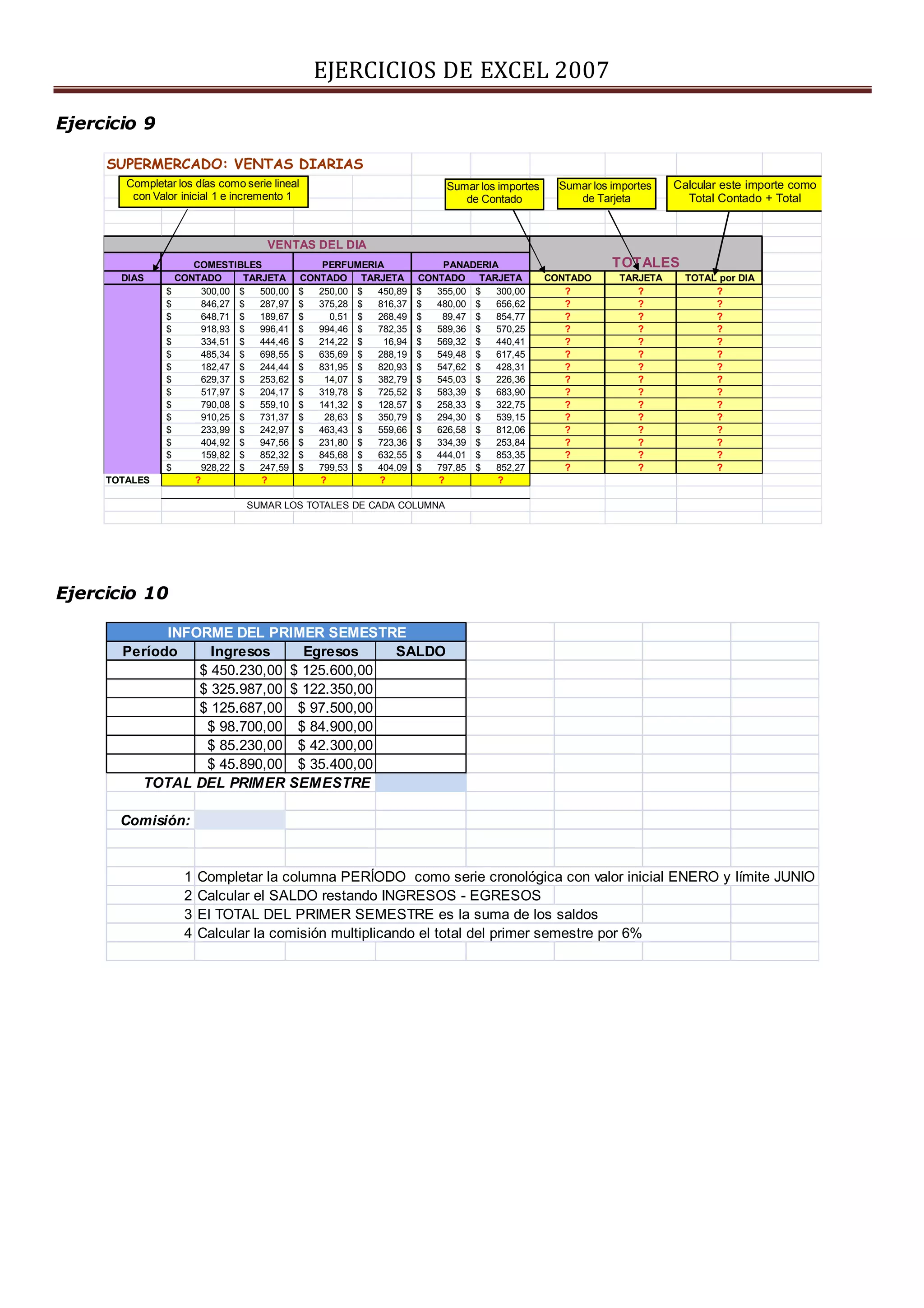 EJERCICIOS DE EXCEL 2007
Ejercicio 9
Ejercicio 10
SUPERMERCADO: VENTAS DIARIAS
VENTAS DEL DIA
COMESTIBLES PERFUMERIA TOTALES
DIAS CONTADO TARJETA CONTADO TARJETA CONTADO TARJETA CONTADO TARJETA TOTAL por DIA
300,00$ 500,00$ 250,00$ 450,89$ 355,00$ 300,00$ ? ? ?
846,27$ 287,97$ 375,28$ 816,37$ 480,00$ 656,62$ ? ? ?
648,71$ 189,67$ 0,51$ 268,49$ 89,47$ 854,77$ ? ? ?
918,93$ 996,41$ 994,46$ 782,35$ 589,36$ 570,25$ ? ? ?
334,51$ 444,46$ 214,22$ 16,94$ 569,32$ 440,41$ ? ? ?
485,34$ 698,55$ 635,69$ 288,19$ 549,48$ 617,45$ ? ? ?
182,47$ 244,44$ 831,95$ 820,93$ 547,62$ 428,31$ ? ? ?
629,37$ 253,62$ 14,07$ 382,79$ 545,03$ 226,36$ ? ? ?
517,97$ 204,17$ 319,78$ 725,52$ 583,39$ 683,90$ ? ? ?
790,08$ 559,10$ 141,32$ 128,57$ 258,33$ 322,75$ ? ? ?
910,25$ 731,37$ 28,63$ 350,79$ 294,30$ 539,15$ ? ? ?
233,99$ 242,97$ 463,43$ 559,66$ 626,58$ 812,06$ ? ? ?
404,92$ 947,56$ 231,80$ 723,36$ 334,39$ 253,84$ ? ? ?
159,82$ 852,32$ 845,68$ 632,55$ 444,01$ 853,35$ ? ? ?
928,22$ 247,59$ 799,53$ 404,09$ 797,85$ 852,27$ ? ? ?
TOTALES ? ? ? ? ? ?
PANADERIA
SUMAR LOS TOTALES DE CADA COLUMNA
Calcular este importe como
Total Contado + Total
Sumar los importes
de Contado
Sumar los importes
de Tarjeta
Completar los días como serie lineal
con Valor inicial 1 e incremento 1
Período Ingresos Egresos SALDO
$ 450.230,00 $ 125.600,00
$ 325.987,00 $ 122.350,00
$ 125.687,00 $ 97.500,00
$ 98.700,00 $ 84.900,00
$ 85.230,00 $ 42.300,00
$ 45.890,00 $ 35.400,00
Comisión:
1 Completar la columna PERÍODO como serie cronológica con valor inicial ENERO y límite JUNIO
2 Calcular el SALDO restando INGRESOS - EGRESOS
3 El TOTAL DEL PRIMER SEMESTRE es la suma de los saldos
4 Calcular la comisión multiplicando el total del primer semestre por 6%
INFORME DEL PRIMER SEMESTRE
TOTAL DEL PRIMER SEMESTRE
 
